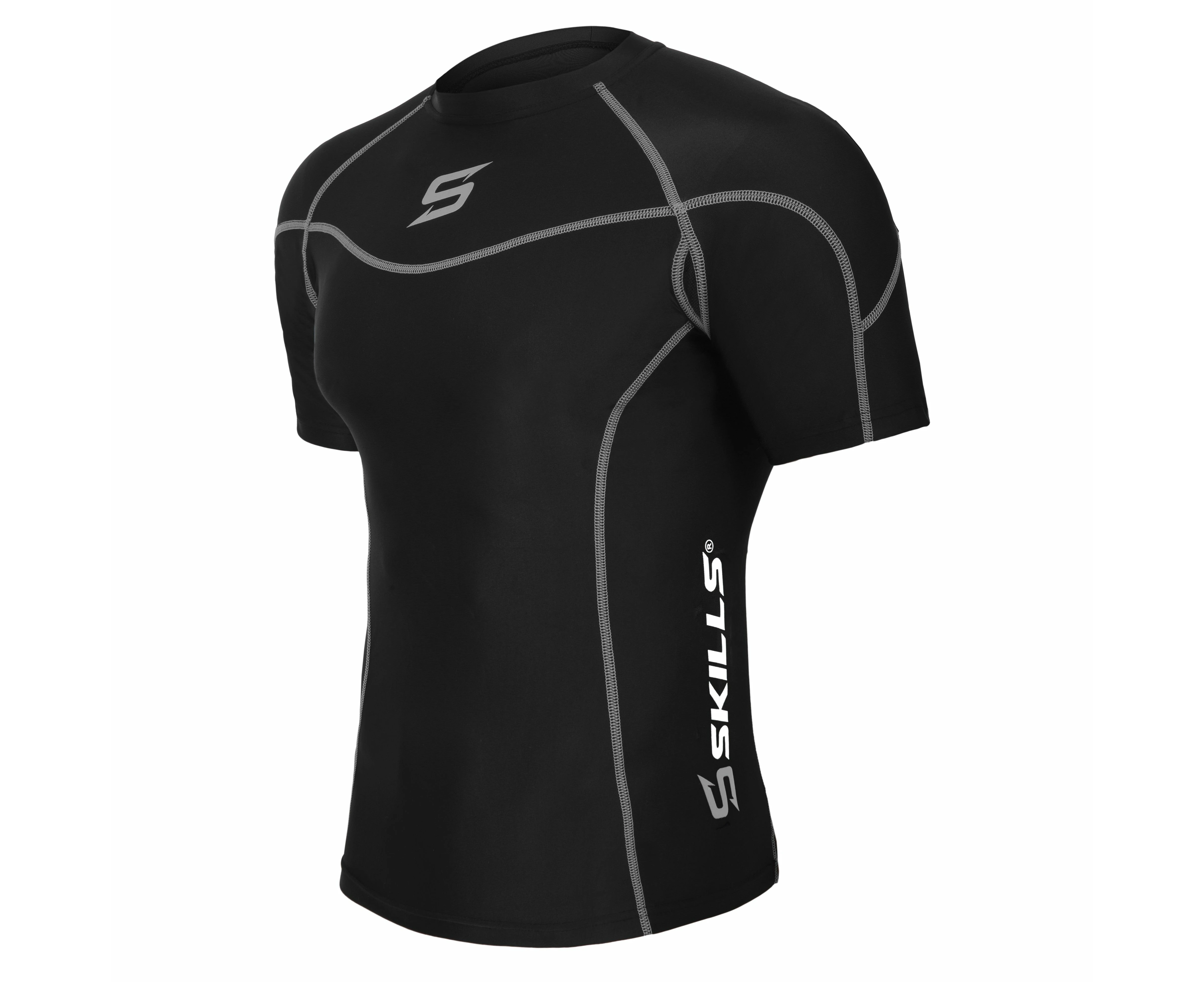 Skills Mens Compression Base Layer Armour Top Short Sleeve Gym Fit Sports Shirt - Black / Grey