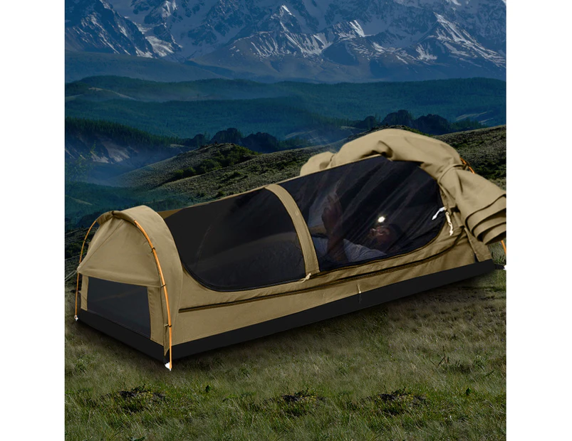 Mountview King Single Swag Camping Swags Canvas Dome Tent Hiking Mattress Khaki