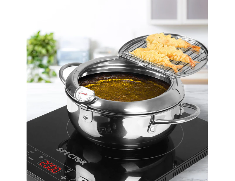 Toque Japanese Tempura Deep Frying Pot Thermometer Kitchen Fryer Pan 24cm Silver