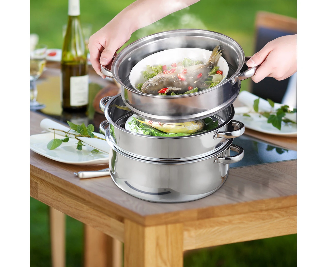 Toque Stainless Steel Steamer Meat Vegetable Cookware Hot Pot Kitchen 3 Tier