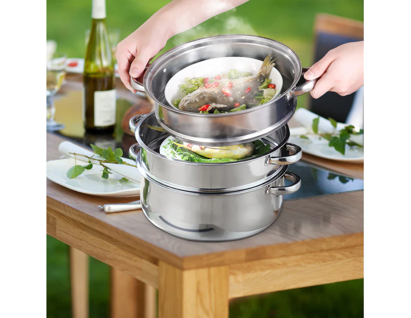 Toque Stainless Steel Steamer Meat Vegetable Cookware Hot Pot Kitchen 3 Tier - Silver