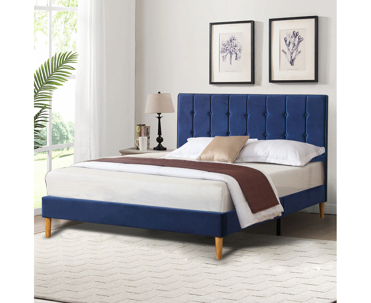 Levede Bed Frame Queen Size Mattress Base Platform Wooden Velvet Headboard Blue