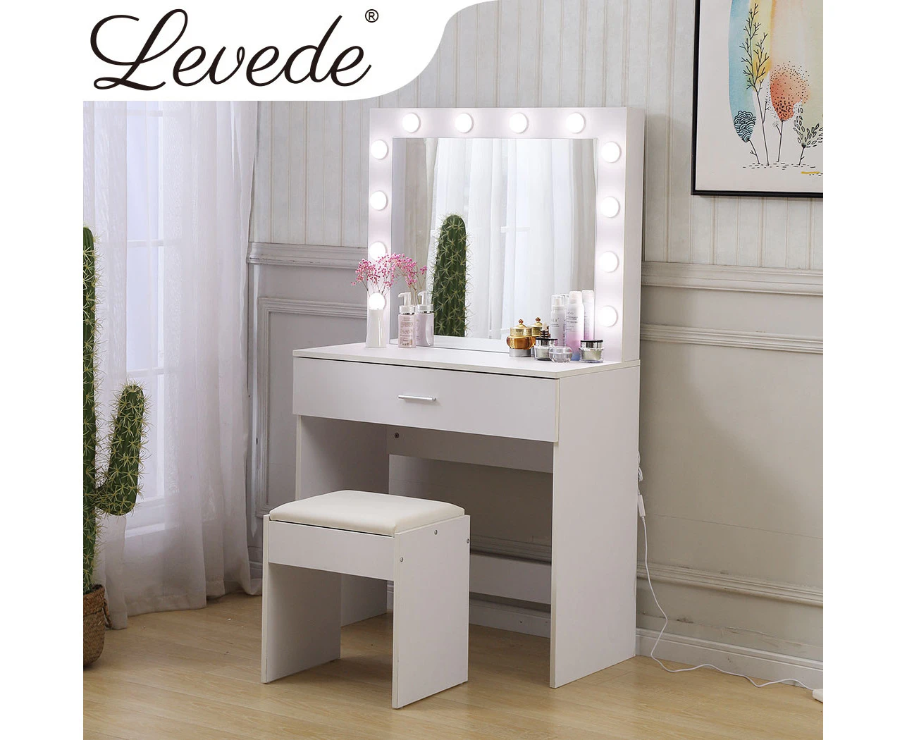 Levede Dressing Table Set Vanity Makeup Mirror Stool Desk Drawers Dresser Led Lighted