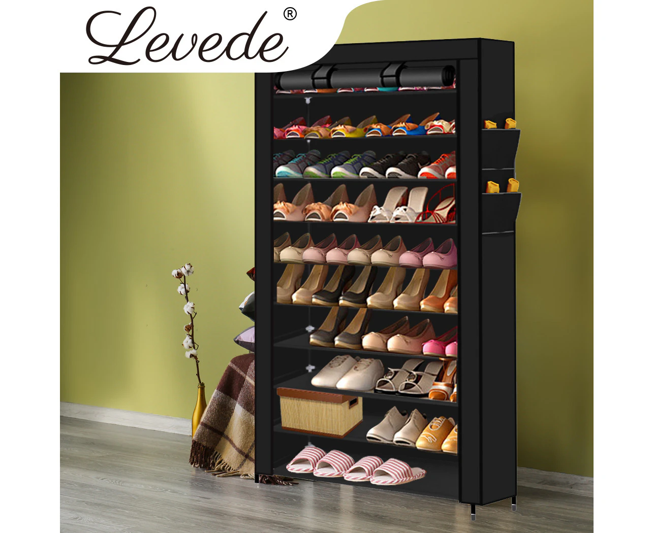 Levede 10 Tier Shoe Rack Portable Storage Cabinet Organiser Wardrobe Black Cover