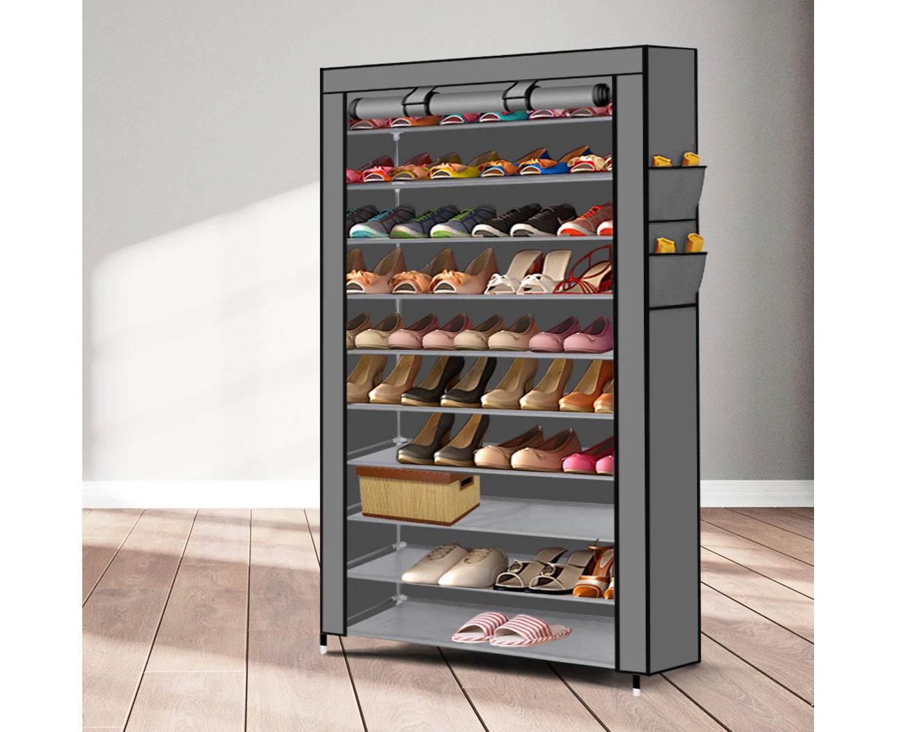 Levede 10 Tier Shoe Rack Portable Storage Cabinet Organiser Wardrobe Grey Cover