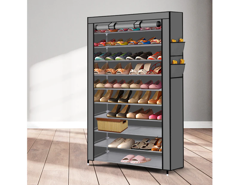 Levede 10 Tier Shoe Rack Portable Storage Cabinet Organiser Wardrobe Grey Cover