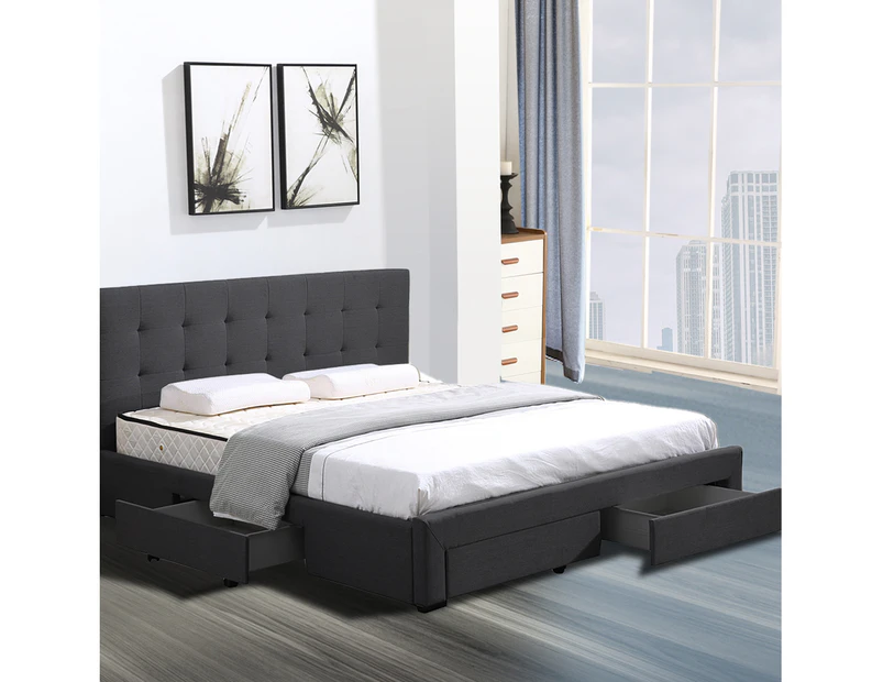 Levede Fabric Bed Frame King 4 Storage Drawers Mattress Base Platform Dark Grey