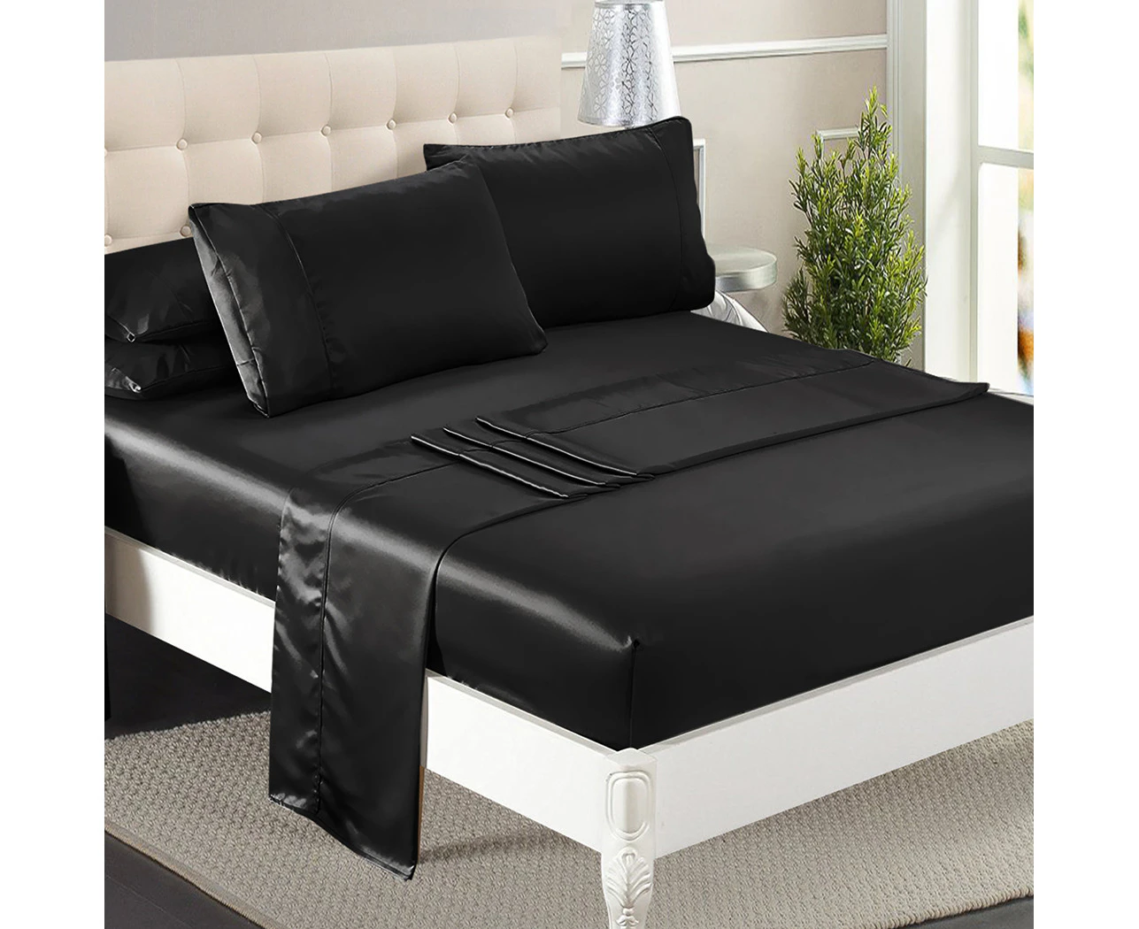 Dreamz Silky Satin Sheets Fitted Flat Bed Sheet Pillowcases Summer Queen Black