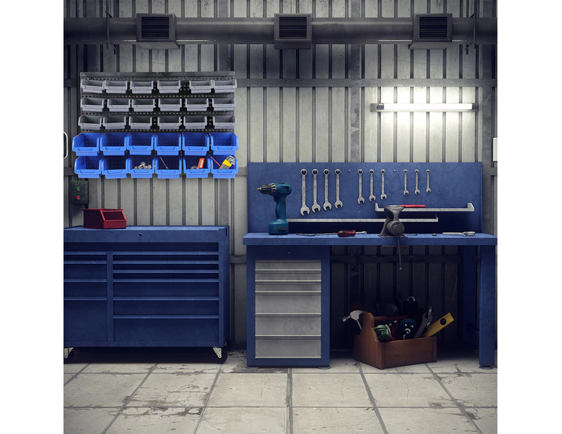 Traderight Tool Storage Bins Wall Mounted Organiser Cabinet Garage Workshop Box - Grey and blue