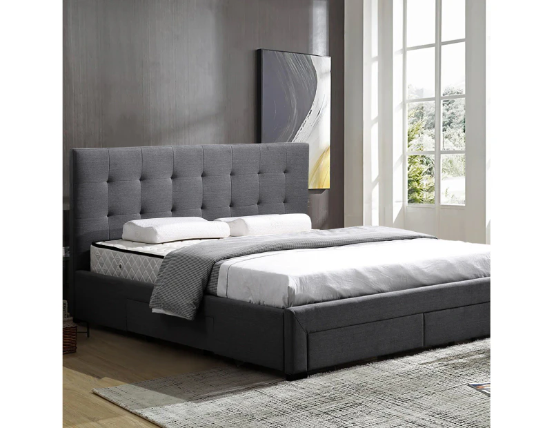 Levede Queen Bed Frame Fabric Tufted 4 Drawers Storage Wooden Mattress Dark Grey