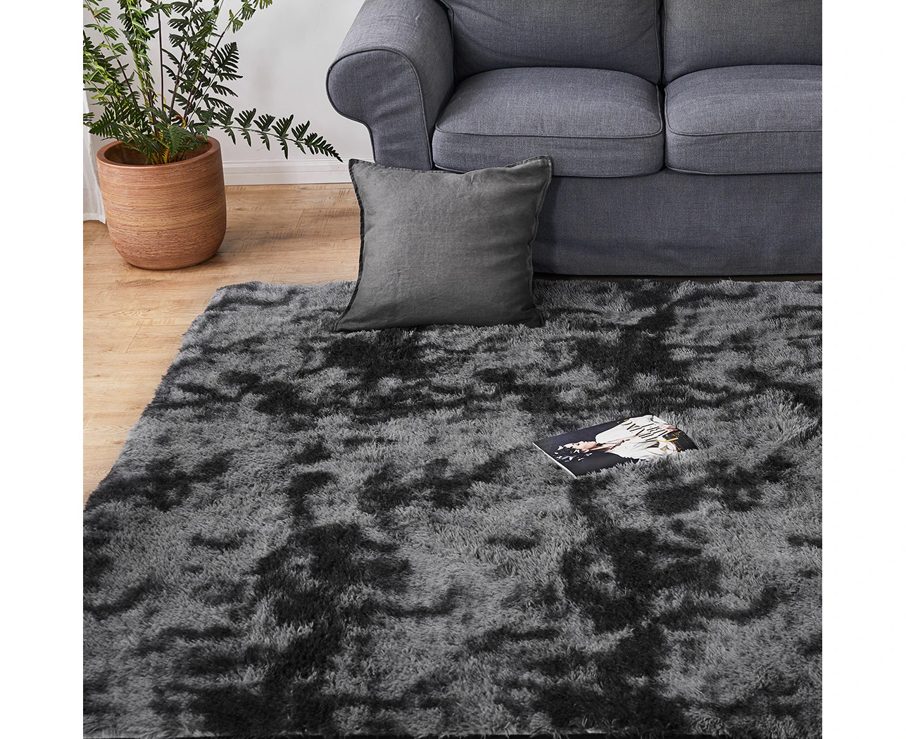 Marlow Floor Shaggy Rugs Soft Large Carpet Area Tie-dyed Black Colour 200x230cm