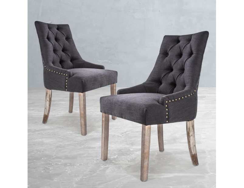 La Bella 2 Set French Provincial Dining Chair Amour Oak Fabric Studs Retro - Black