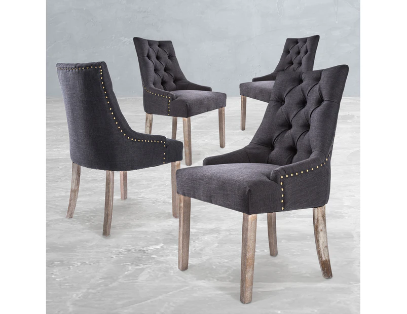 La Bella 4 Set French Provincial Dining Chair Amour Oak Fabric Studs Retro - Black