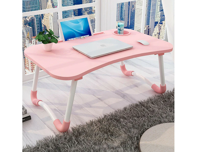 Laptop Stand Table Foldable Desk Bed Computer Study Adjustable Portable Cup Slot - Pink