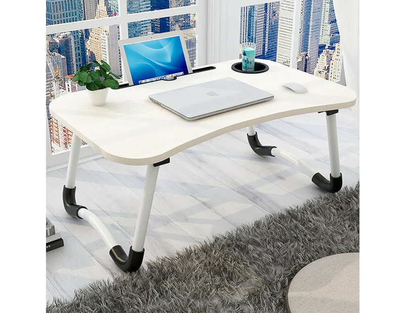 Laptop Stand Table Foldable Desk Bed Computer Study Adjustable Portable Cup Slot - White Maple