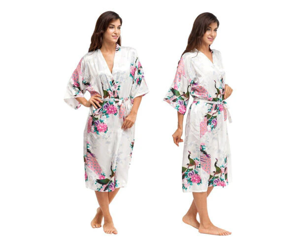 Xianghua Women Satin Silk Dress Nightie Dressing Gown Bathrobe Kimono Wedding Bridesmaid - White