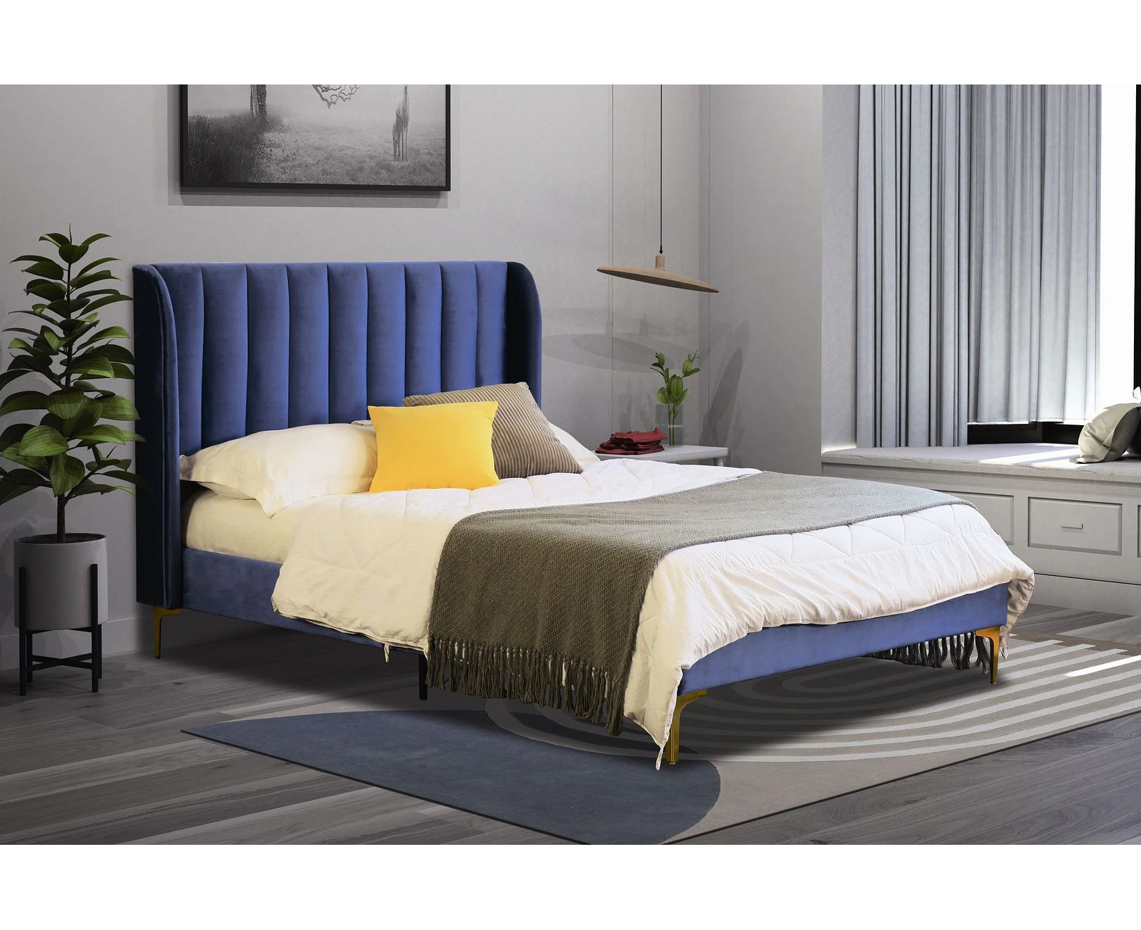 Istyle Modern Classic Herman Double Velvet Bed Frame Blue with Gold Legs