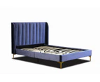 Istyle Modern Classic Herman King Single Velvet Bed Frame Blue with Gold Legs