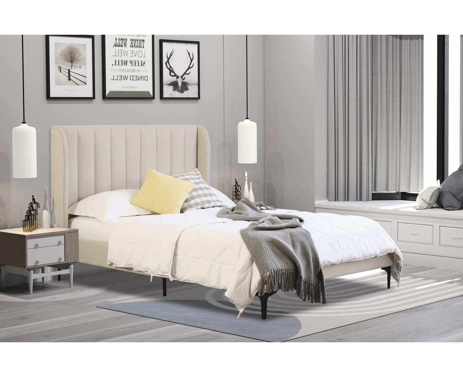 Istyle Modern Classic Herman King Single Fabric Bed Frame White Oak with Black Legs