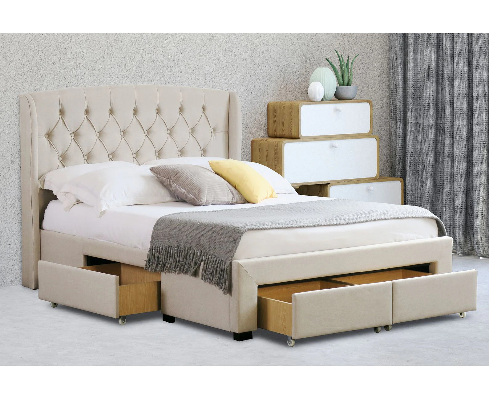 Istyle Modern Classic Dupont Queen Drawer Storage Bed Frame White Oak