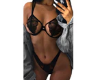 2Pcs Ladies Erotic Sexy Open Bra Sheer Lace Lingerie Babydoll Sleepwear Nightwear - Black