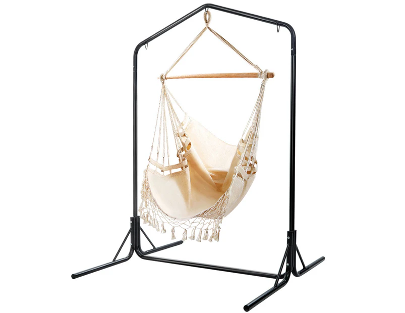 Gardeon Hammock Chair with Stand Outdoor Hanging Bed Tassel Cream