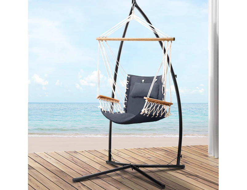 Gardeon Hammock Chair with Steel Stand Armrest Outdoor Hanging Grey