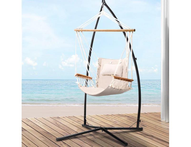 Gardeon Hammock Chair with Steel Stand Armrest Outdoor Hanging Cream