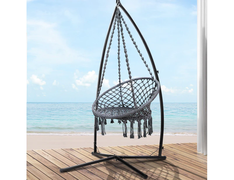 Gardeon Hammock Chair with Steel Stand Macrame Outdoor Swinging Grey