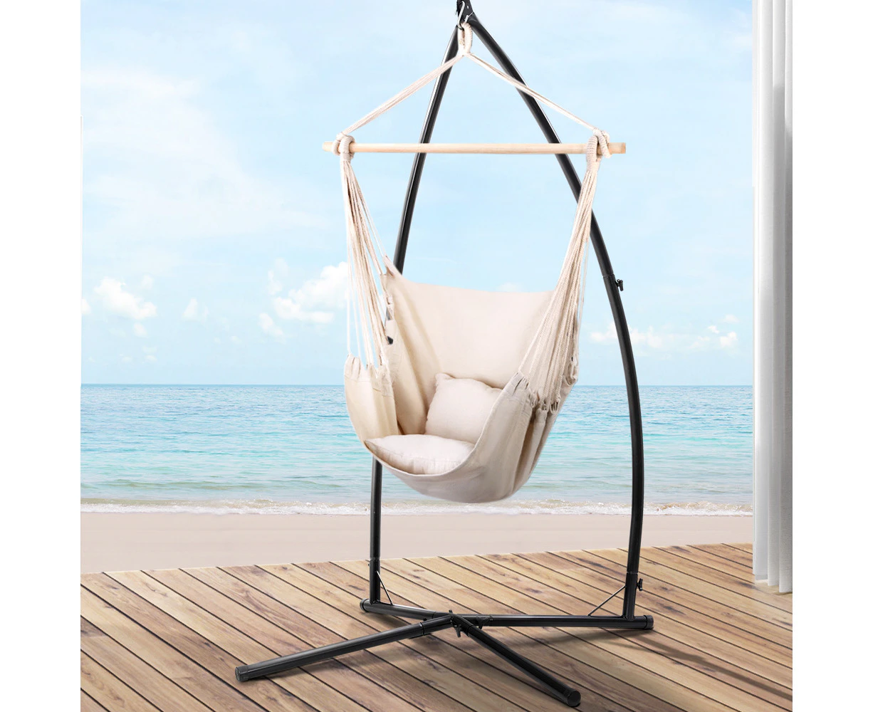 Gardeon Hammock Chair Outdoor Camping Hanging with Steel Stand Cream