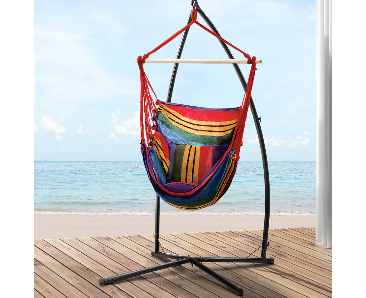 Gardeon Hammock Chair Outdoor Camping Hanging with Steel Stand Rainbow