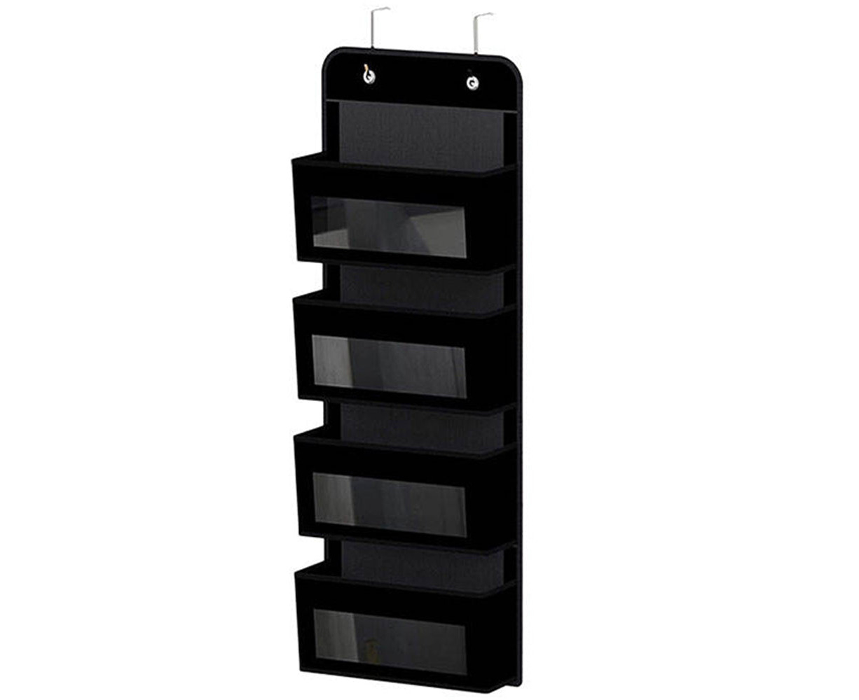 DHOUTDOORS 4 Tier Over Door Hanging Organiser Hanging Hooks Closet Storage Wall Mount for Toys Keys Notebooks Planners File Folders System Black Magazine Purses Sunglasses 
