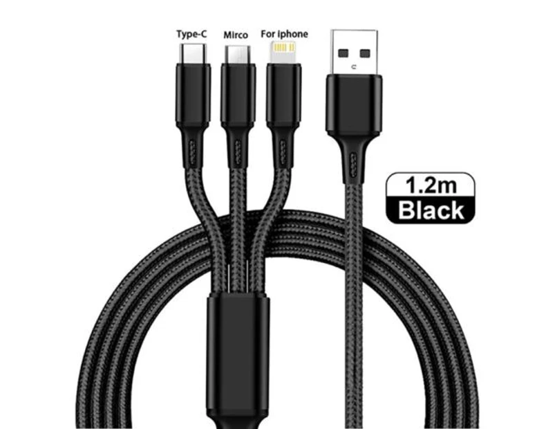 3 in 1 Multi USB Charger Charging Cable Cord for iPhone Samsung Google Sony Xiaomi and Oppo-Black