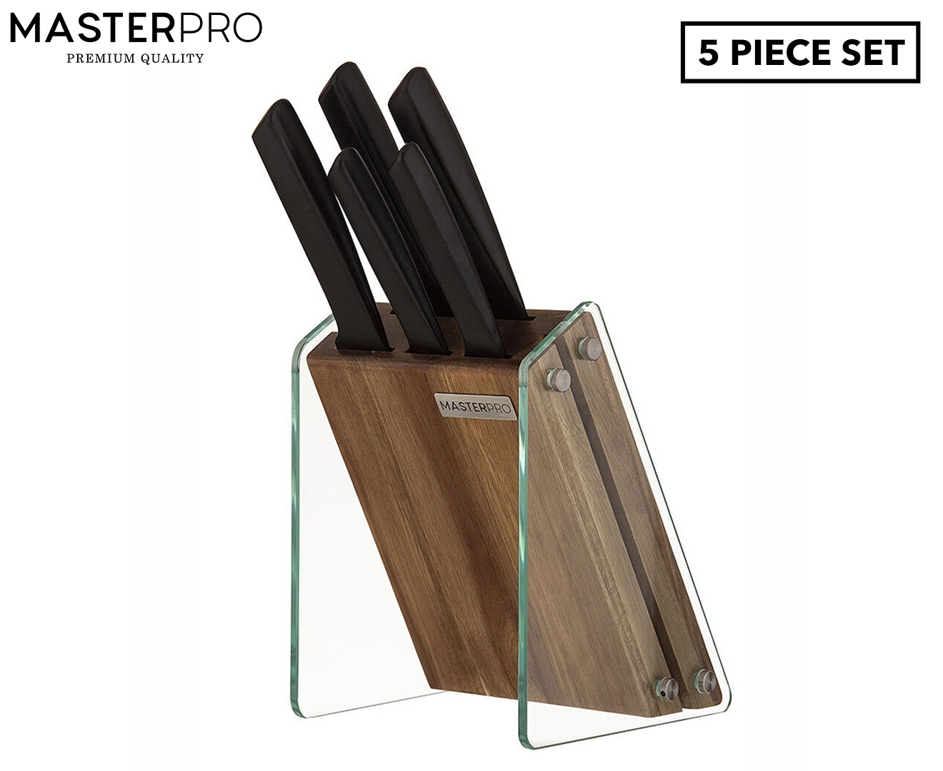 MasterPro 5-Piece Onyx Stainless Steel Knife Set w/ Glass/Wood Block