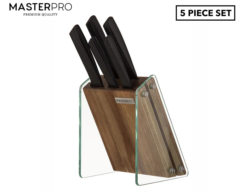 MasterPro 5-Piece Onyx Stainless Steel Knife Set w/ Glass/Wood Block