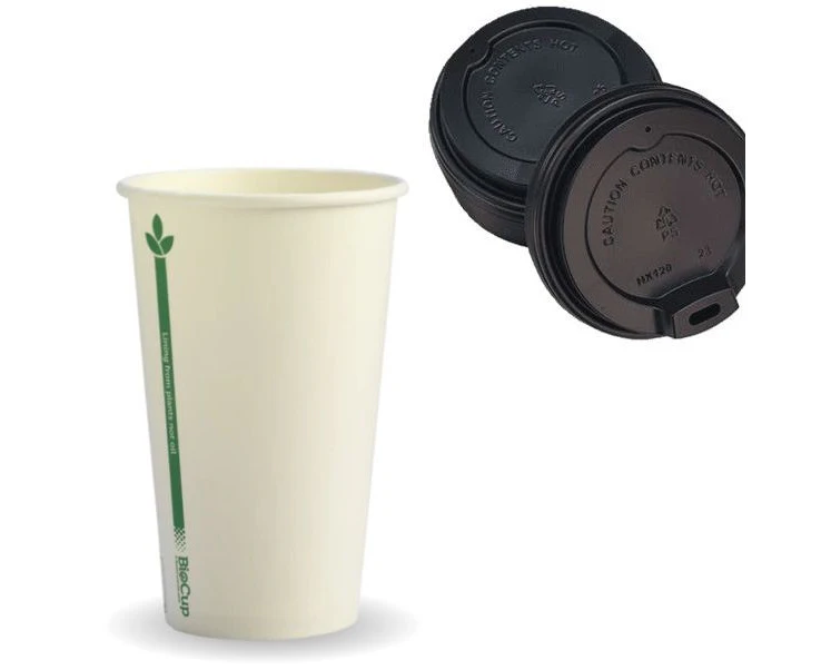 50 Cups + 50 Lids Disposable Biocup Coffee 280Ml/350Ml Bulk Paper Takeaway Sets - White Cup 12oz + Black Lid