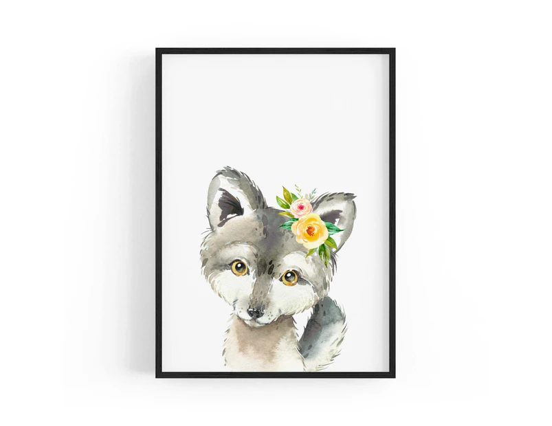 Cute Baby Wolf Nursery Animal Gift Wall Art - Black Frame + Paper Print |  .au