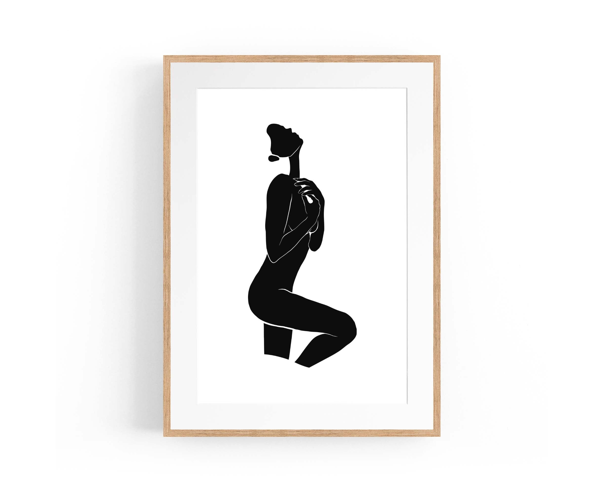 Minimal Nude Woman Female Shape Wall Art - Natural Timber Frame + Paper ...