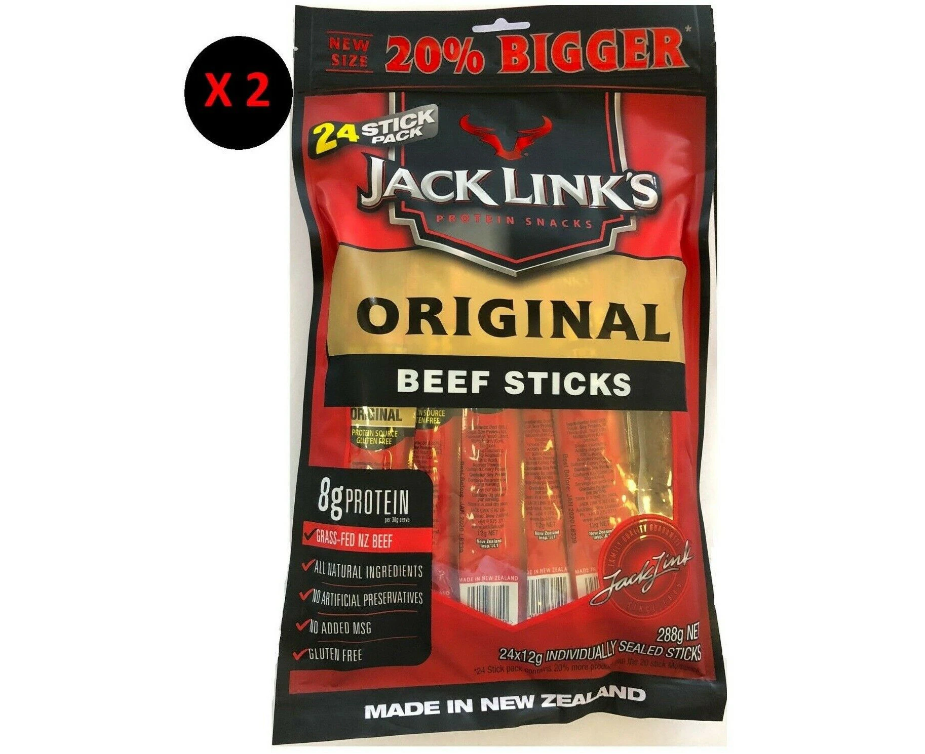 2x Jack Link's Original Beef Jerky 288g Made in New Zealand -Beef Sticks 24 Pack