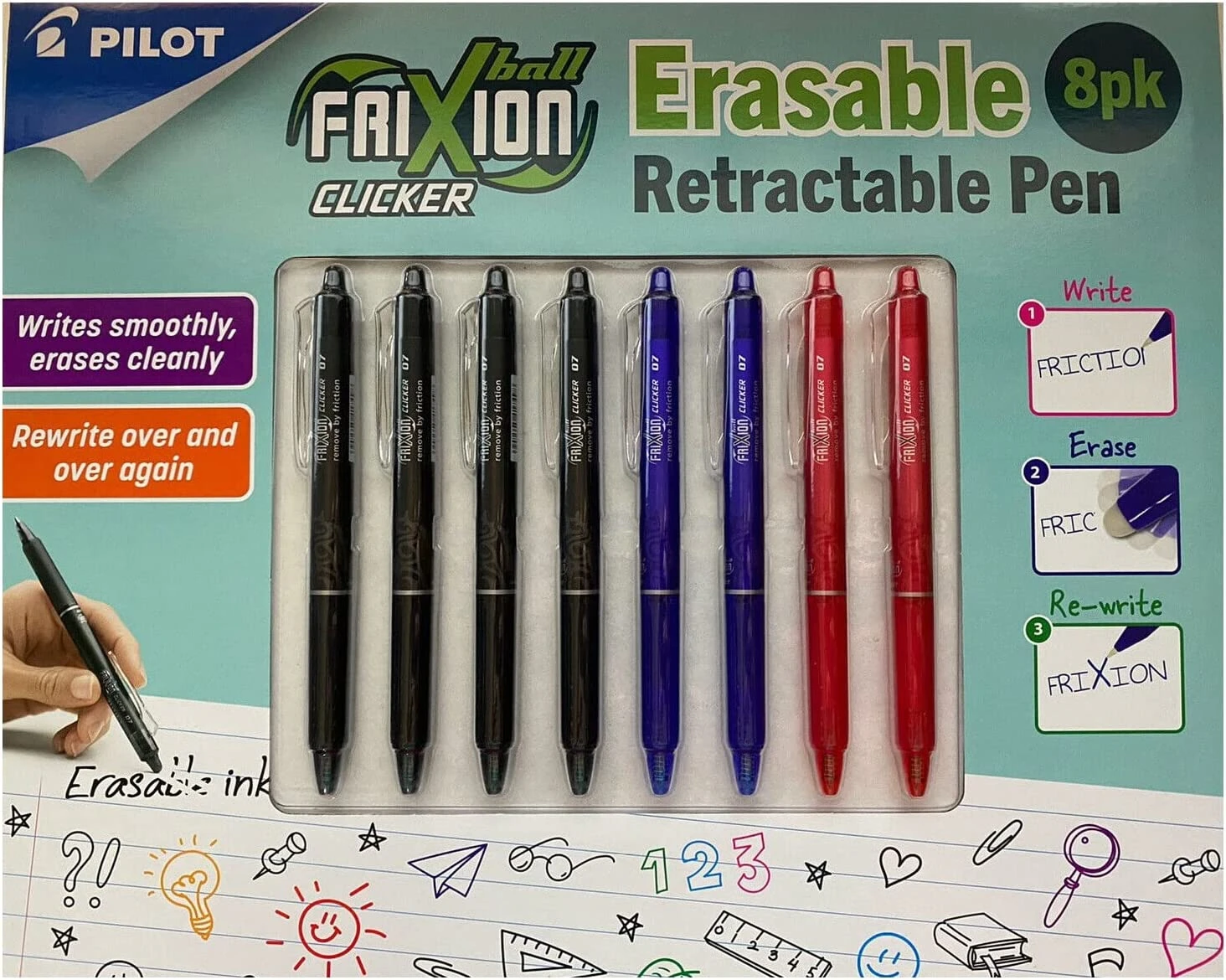 8 Pack Pilot FriXion Ball Clicker 0.7 Retractable Erasable Pen