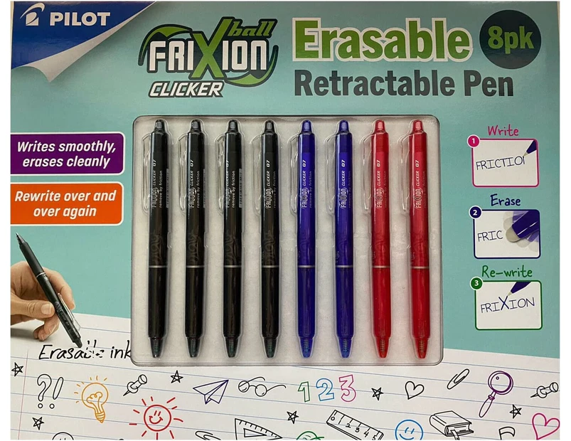 8 Pack Pilot FriXion Ball Clicker 0.7 Retractable Erasable Pen 2 Blue 2 Red  4 Black