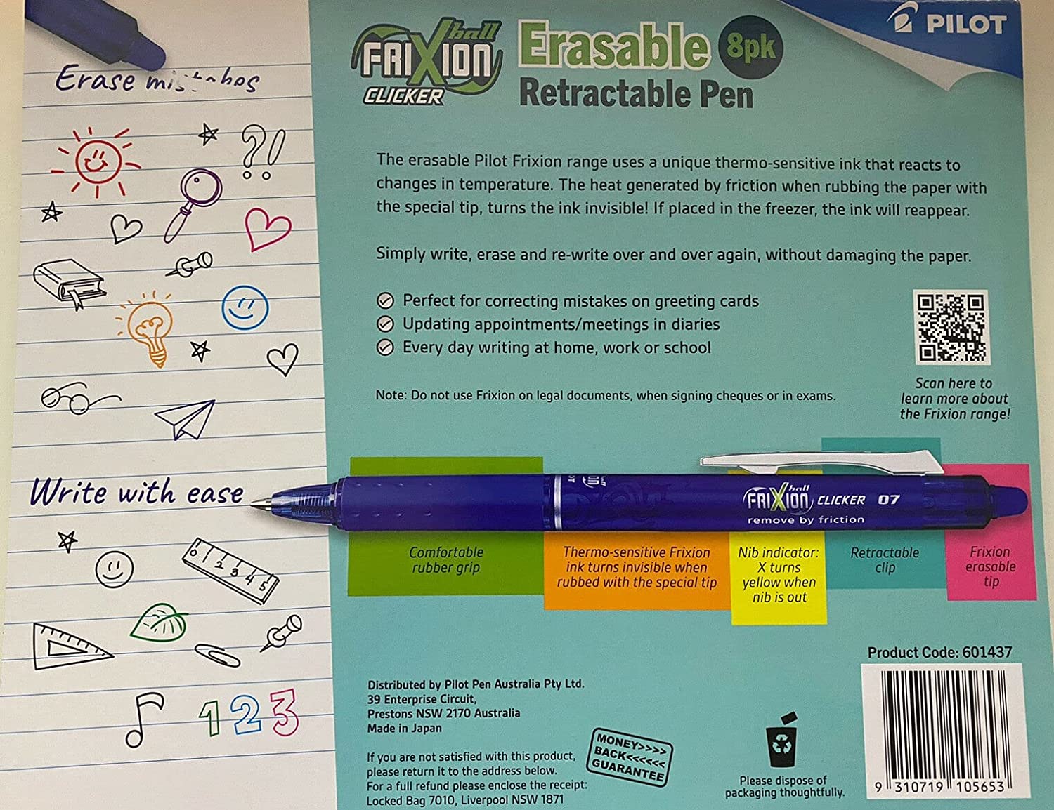 8 Pack Pilot FriXion Ball Clicker 0.7 Retractable Erasable Pen