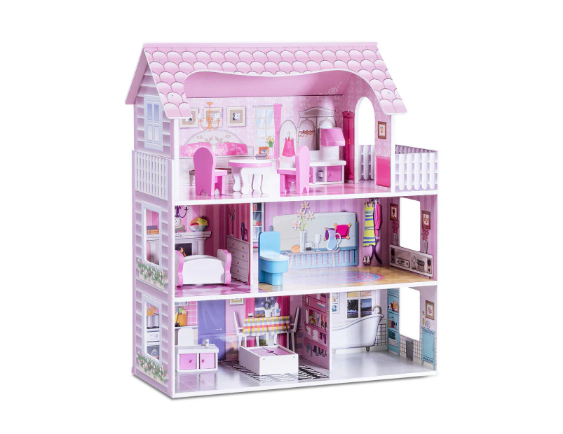 Giantex Large Kids Sweet Doll House Toy Wooden Dollhouse w/ Complete Accessories & Furniture Scale Creative Room, Pink