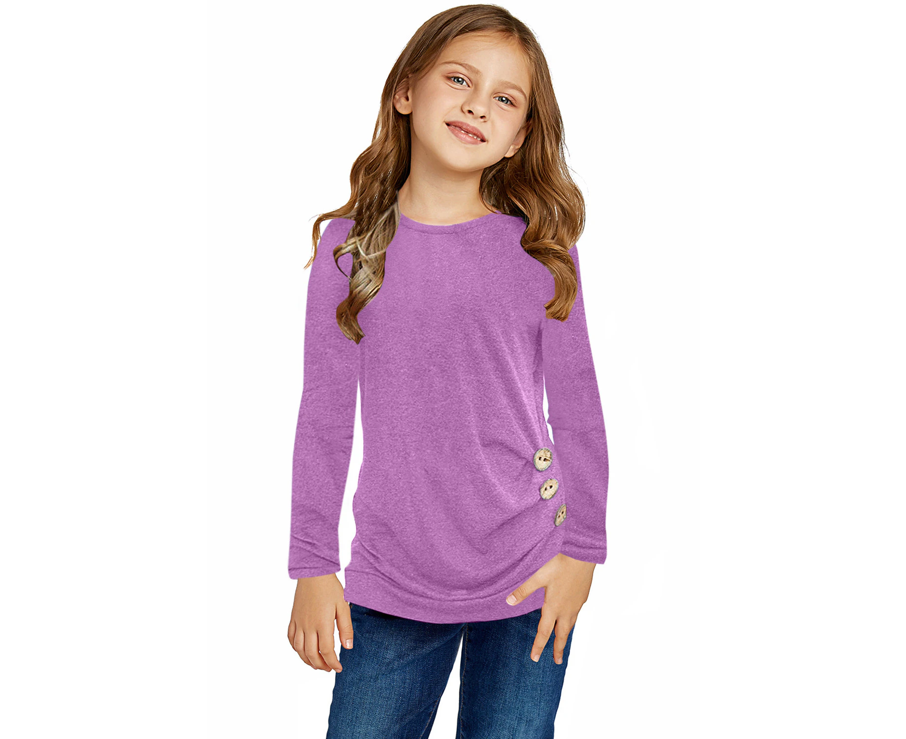 Purple Little Girls Long Sleeve Buttoned Side Top Girls Tops Girls Tops - Purple