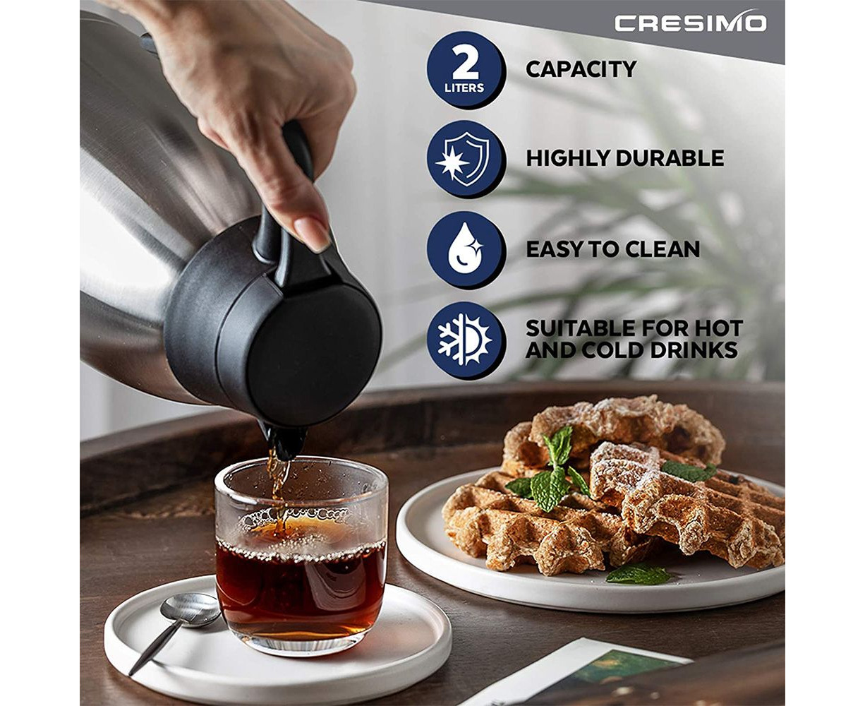 Cresimo 68 Oz Stainless Steel Thermal Coffee Carafe / Double Walled Vacuum  Flask / 12 Hour Heat Retention / 2 Liter Tea, Water, and Coffee Dispenser