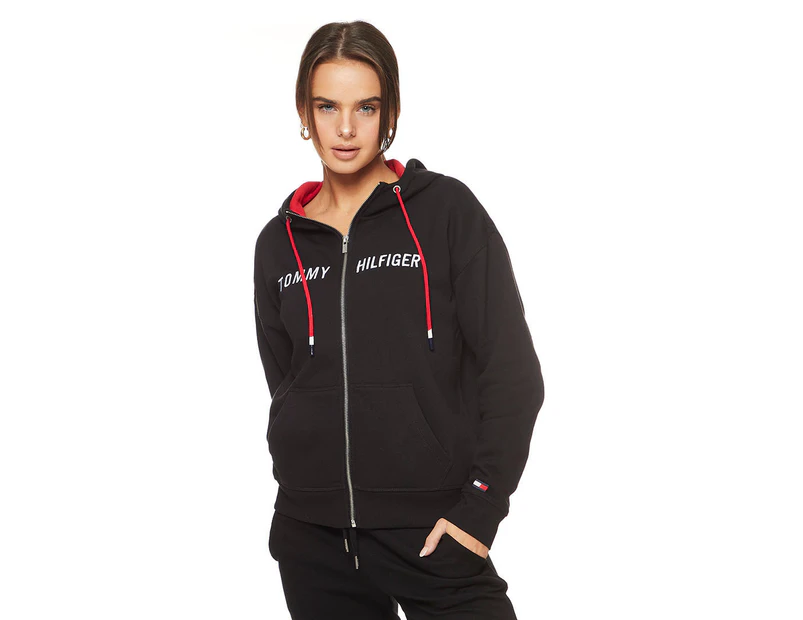Tommy Hilfiger Women's Fleece Drop Shoulder Zip Hooded Jacket - Black