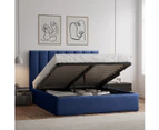 Gas Lift Storage Bed Frame with Vertical Lined Bed Head in King, Queen and Double Size (Navy Blue Velvet)