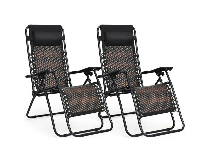 Costway 2x Zero Gravity Recliner Outdoor Sun Lounge Folding Beach Chairs Patio Yard Terrace w/Adjustable Headrest Brown