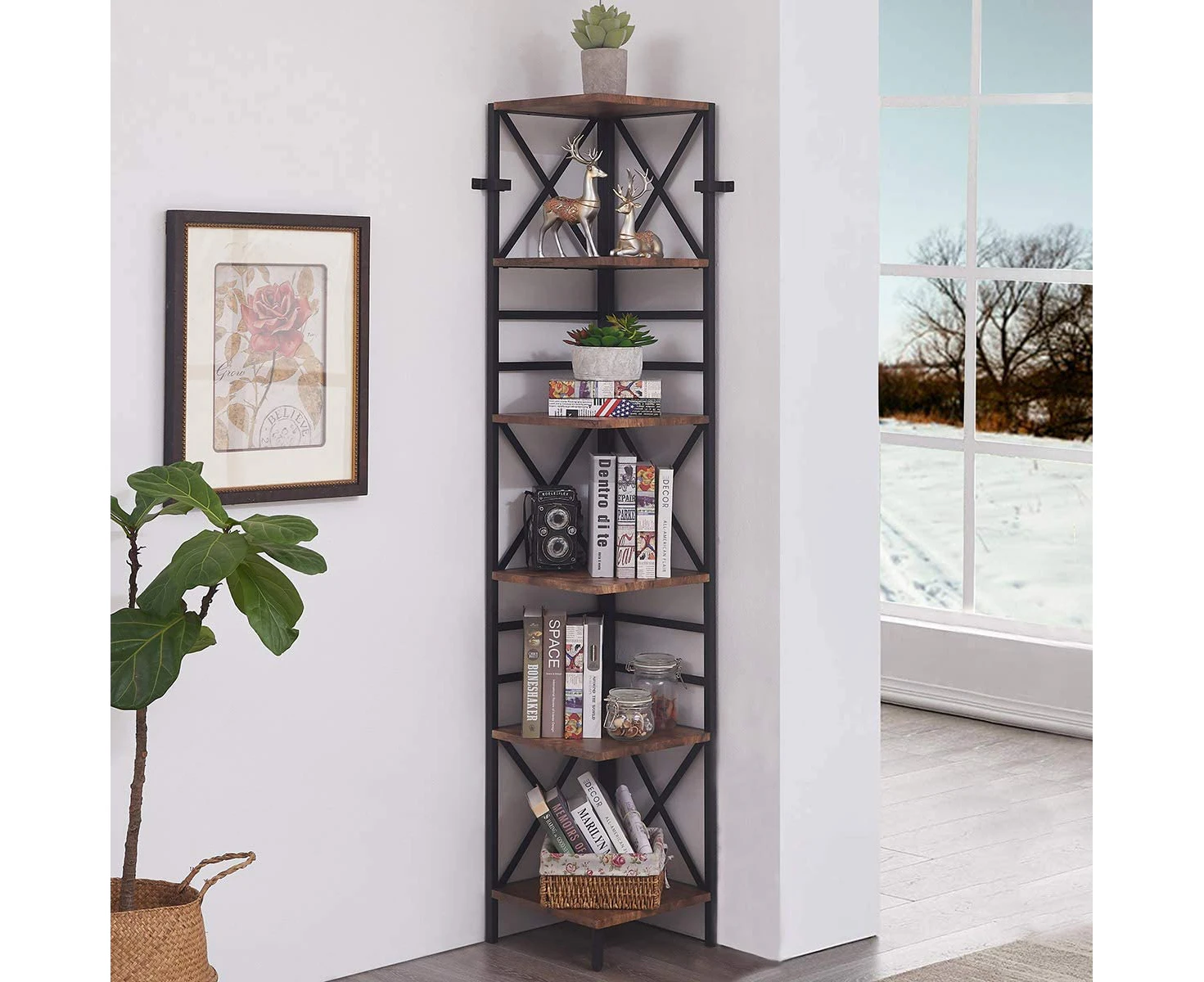 HOMFURN 6 Tier Corner Shelf,Metal Black Bookcase, Corner Bookcase, Tall Bookshelf Storage Display Unit for Home Office, Rustic Brown