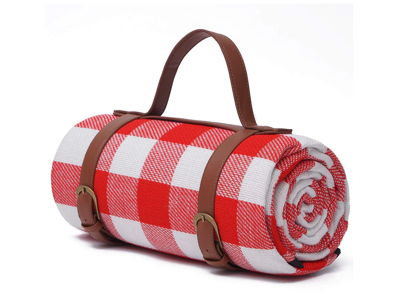 Foldable Waterproof Picnic Blanket for Outdoors with Luxury PU Leather Carrier Large  3 Layered Picnic Rug Mat - Wine Gingham